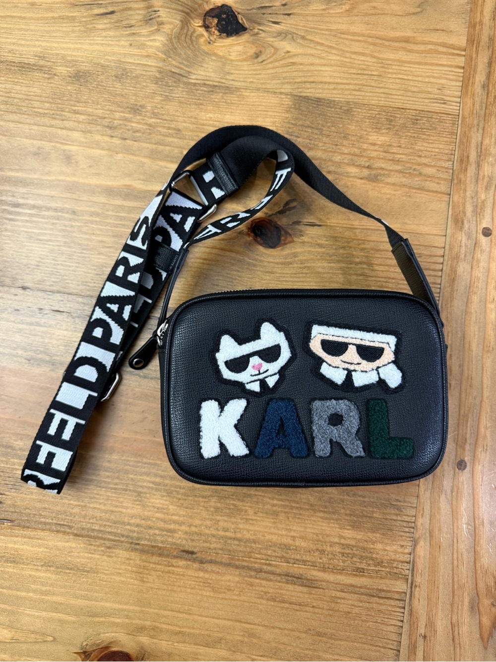KARL LAGERFELD Paris Maybelle Camera Bag Karl & Cat Black Crossbody Guitar Strap